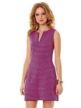 Lilly Pulitzer Brielle Dress Small Pink Navy Stripe Fit & Flare Sleeveless